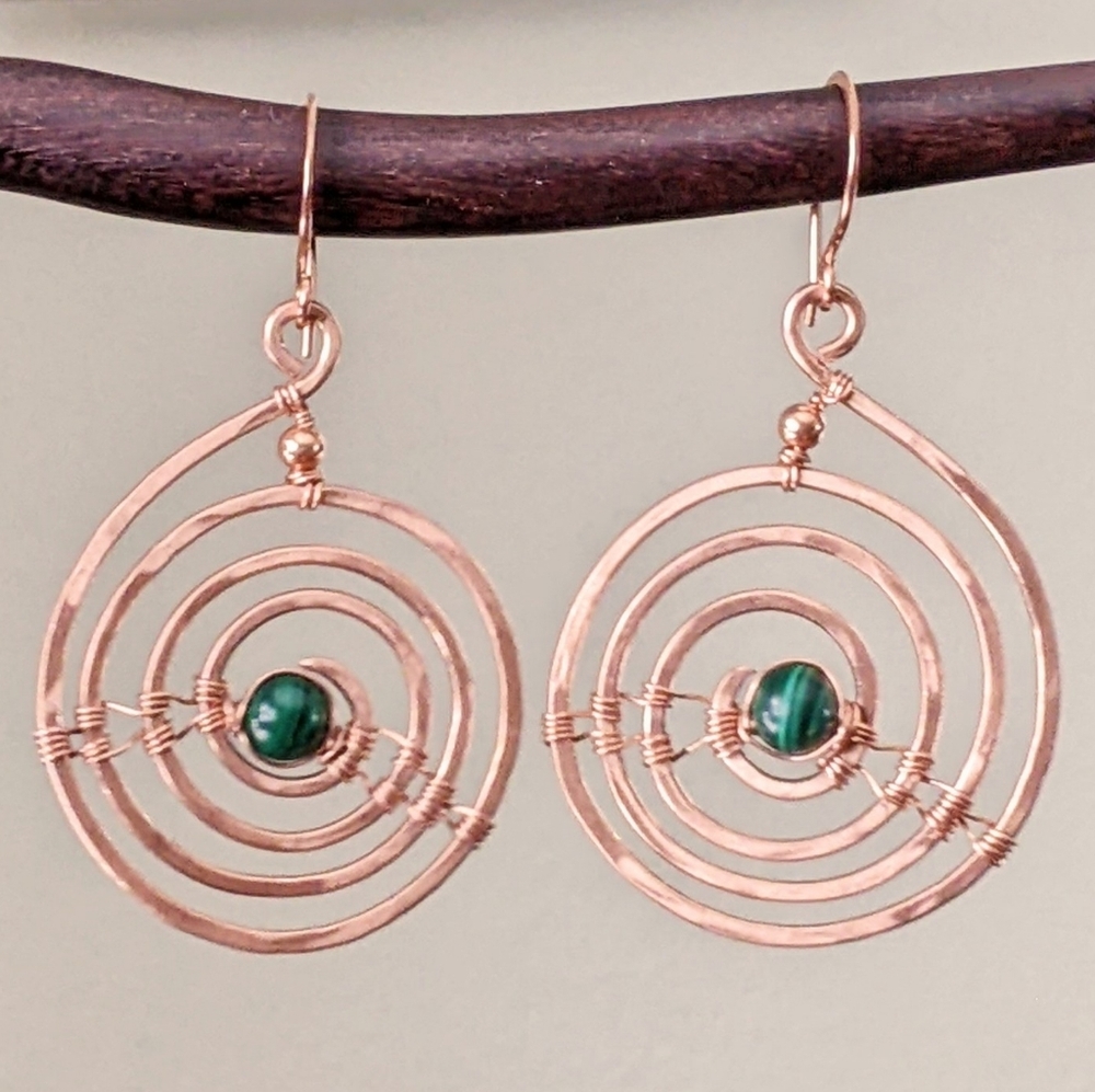 Industrial Urban Copper Spiral Earrings Natural Malachite Gems Earthy Bold - Picture 8 of 12